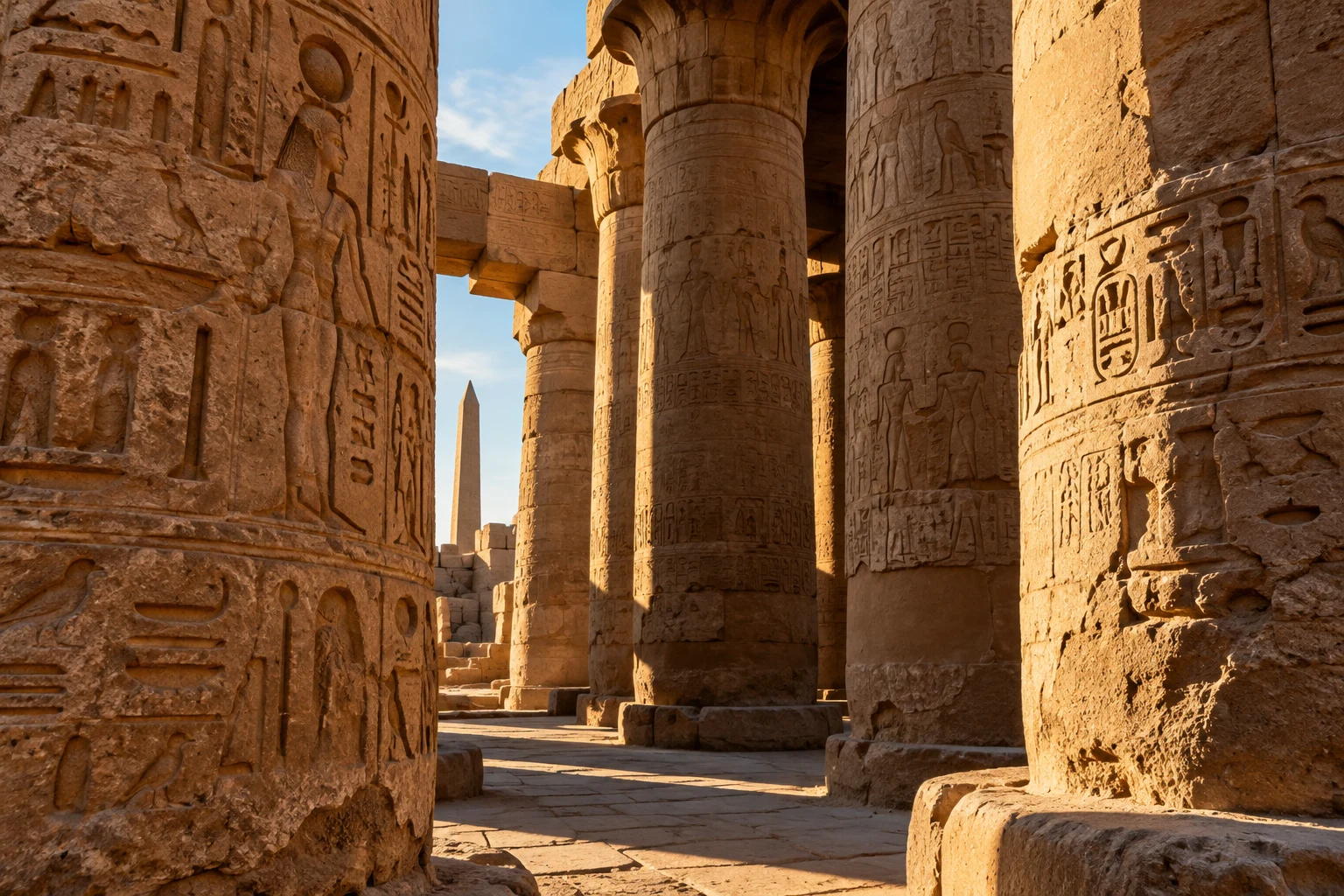 Atmosphärische Darstellung sandsteinfarbener Tempelsäulen mit hieroglyphischen Reliefs